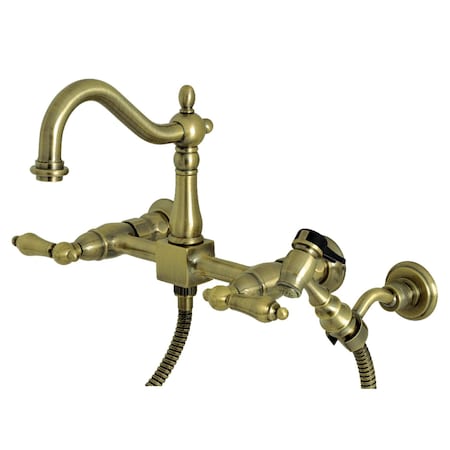 Kingston Brass Heritage Wall Mnt Bridge Kitchen Faucet W/Brass Sprayer, Brass KS1263ALBS